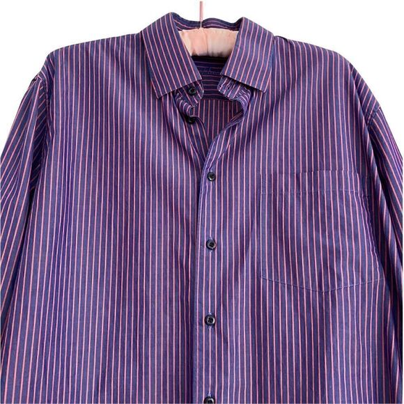 Alan Flusser Blue + Pink Striped Long Sleeve Button Down Cotton Shirt Large - Picture 2 of 5